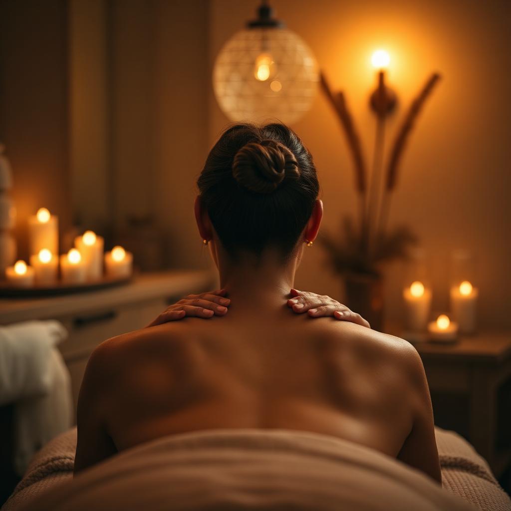 Peaceful back massage session in a candlelit Orlando studio