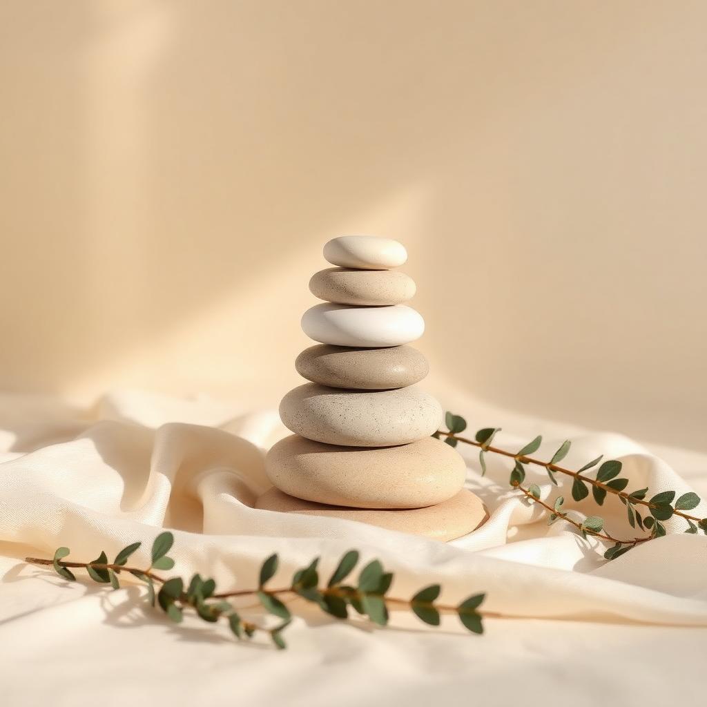 Calming stacked river stones on cream silk — Orlando massage therapy studio